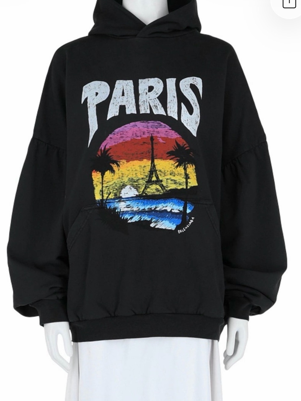 Balenciaga Black 'Paris' Graphic Hoodie with Multicolor Sunset Print